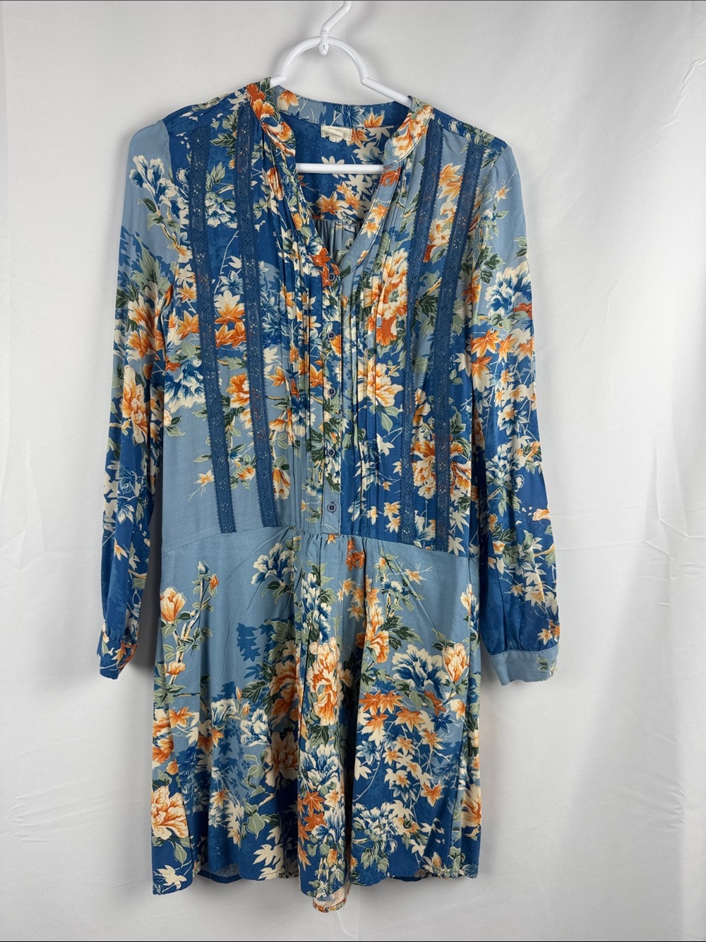 Anthropologie Tiny Gaina Blue & Orange Floral Lace Trim Shift Dress XS READ